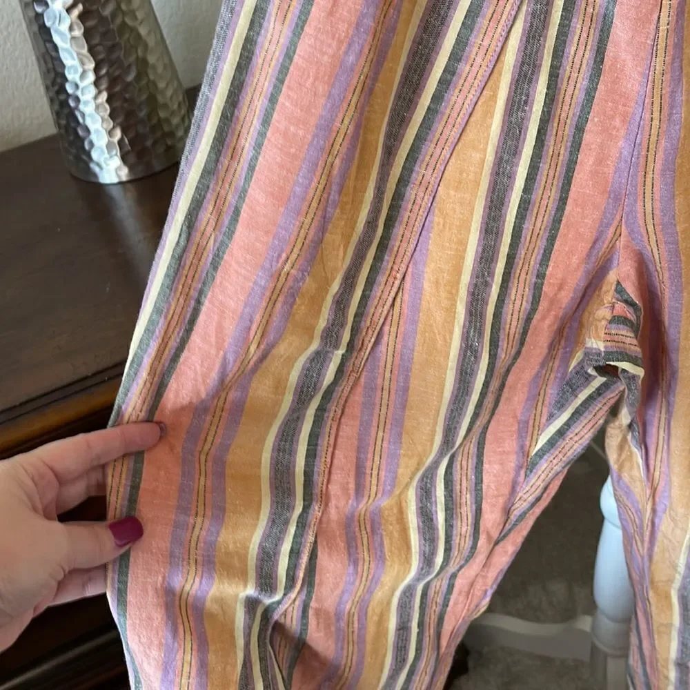 (BOGO FREE) Anthropologie Drew Tulip Hem Jumpsuit Linen Striped Romper Small - Picture 5 of 5